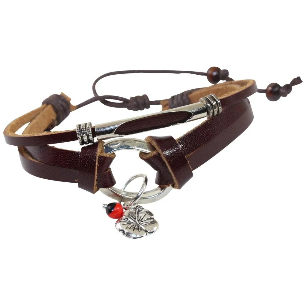 Hibiscus Charm Adjustable  Leather Bracelet for Women w/Huayruro Seed