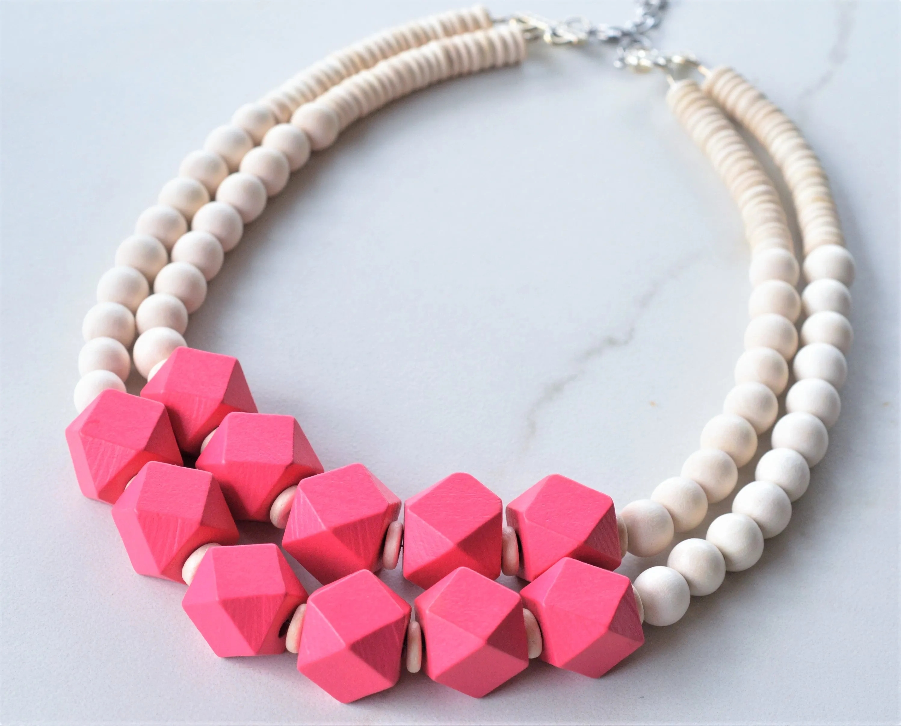 Hot Pink White Statement Beaded Wood Chunky Multi Strand Necklace - Riley