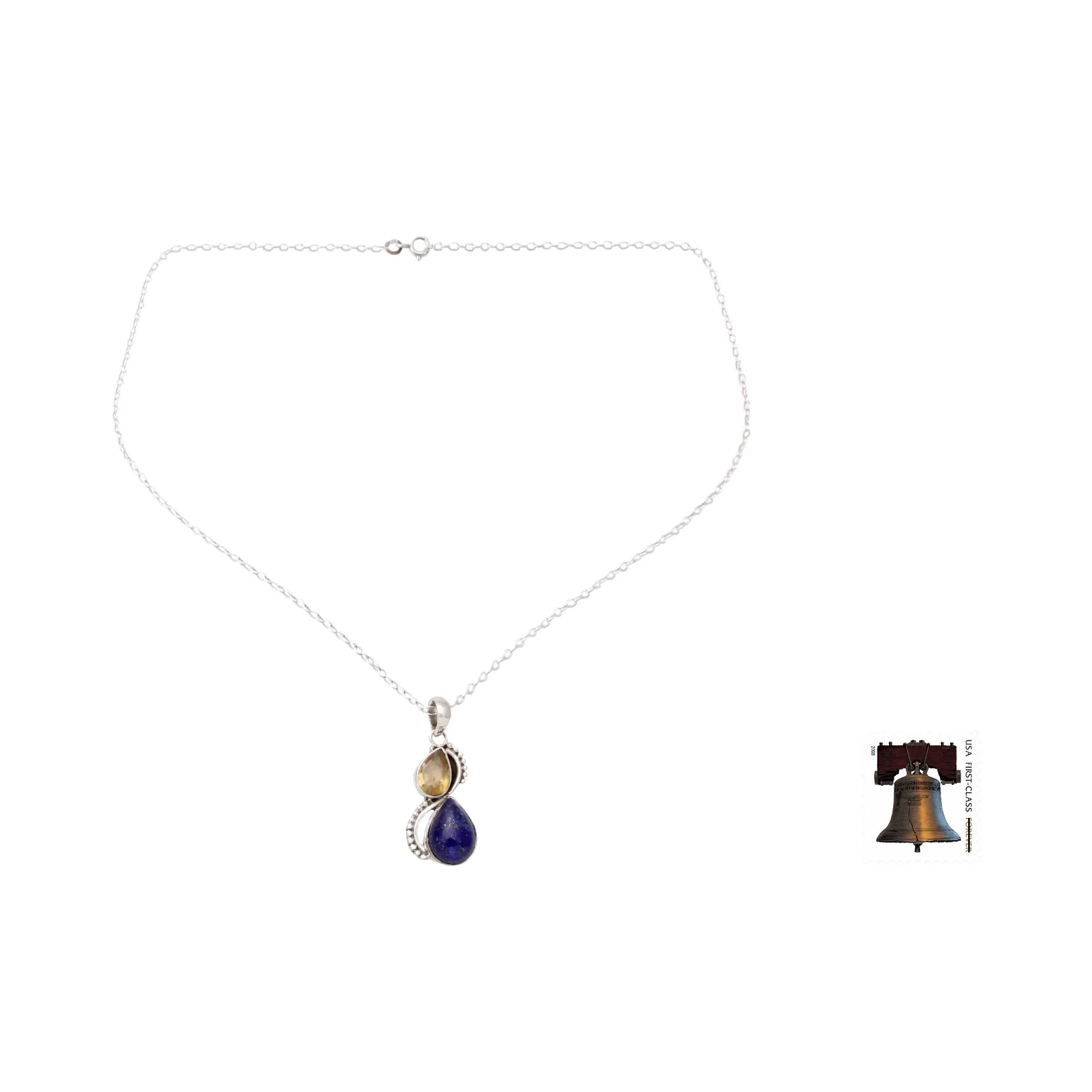 India Silver and Lapis Lazuli Necklace with Faceted Citrine - Two Teardrops | NOVICA