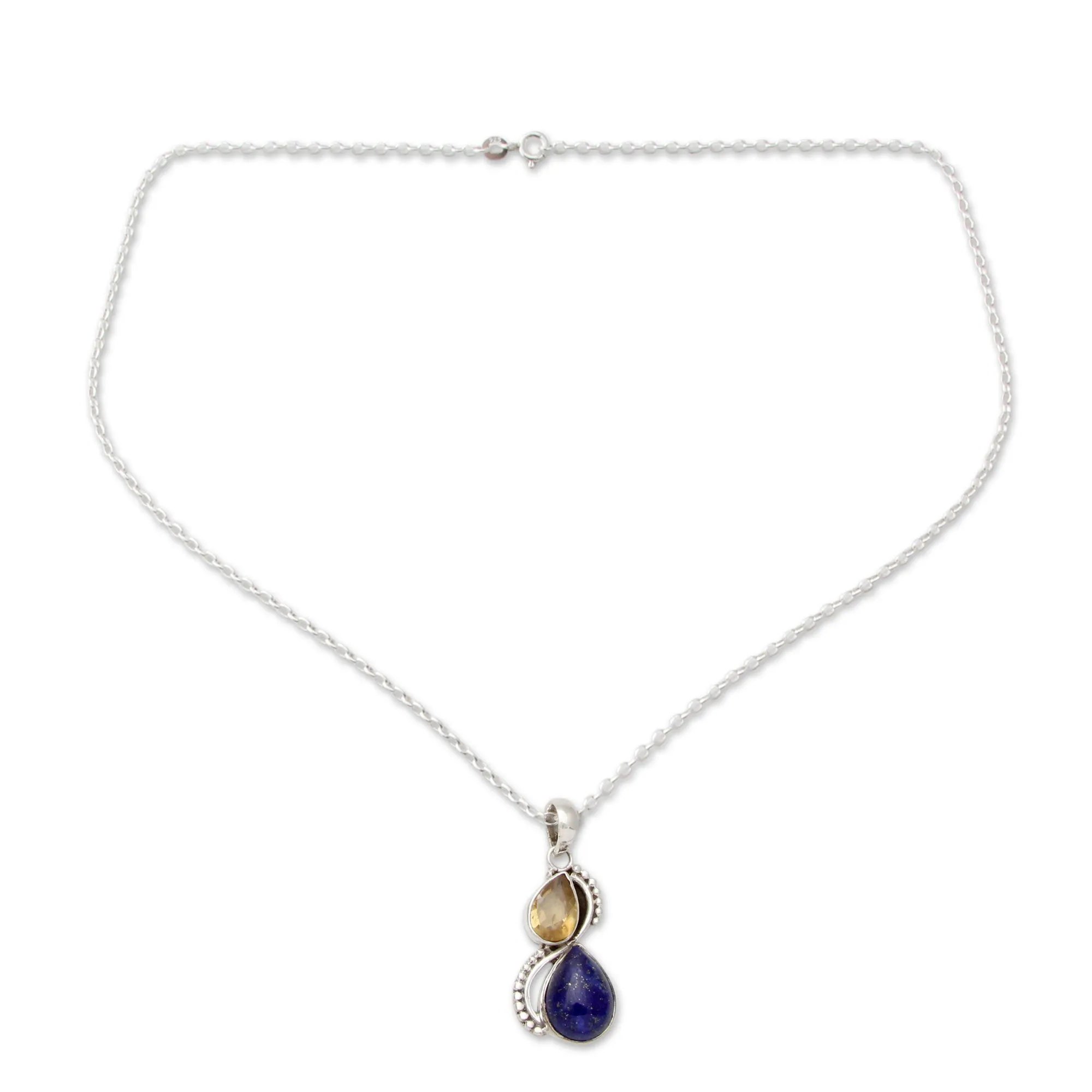 India Silver and Lapis Lazuli Necklace with Faceted Citrine - Two Teardrops | NOVICA