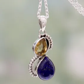 India Silver and Lapis Lazuli Necklace with Faceted Citrine - Two Teardrops | NOVICA