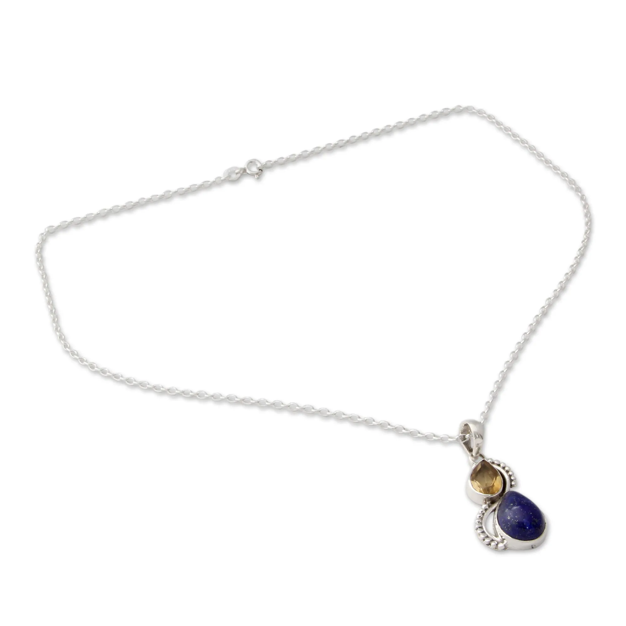 India Silver and Lapis Lazuli Necklace with Faceted Citrine - Two Teardrops | NOVICA