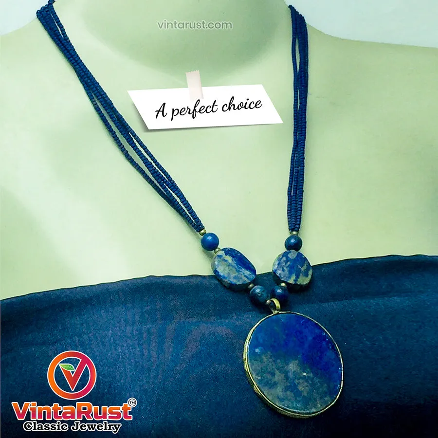 Lapis Lazuli Big Stone Pendant Necklace