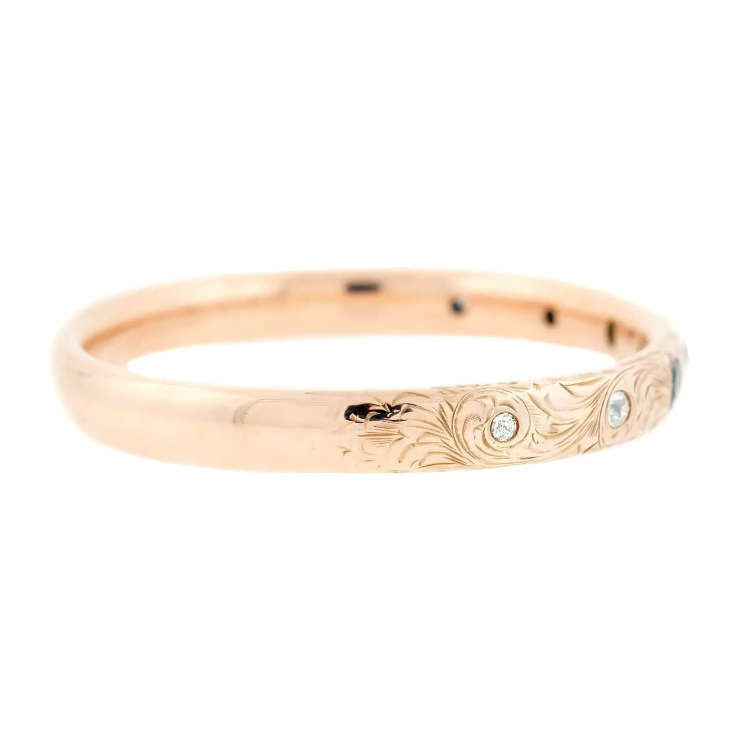Late Victorian 14k Diamond and Emerald Etched Bangle