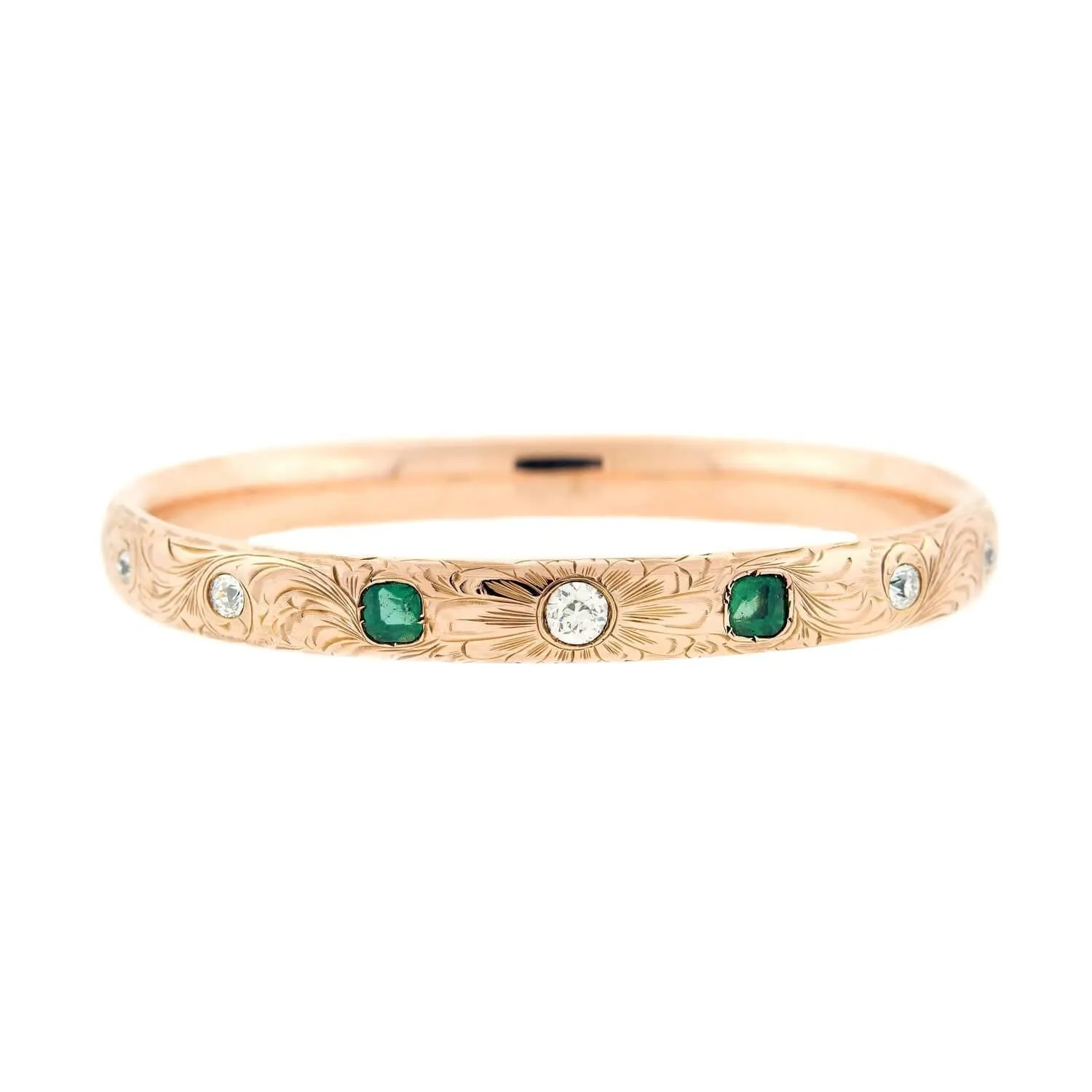 Late Victorian 14k Diamond and Emerald Etched Bangle