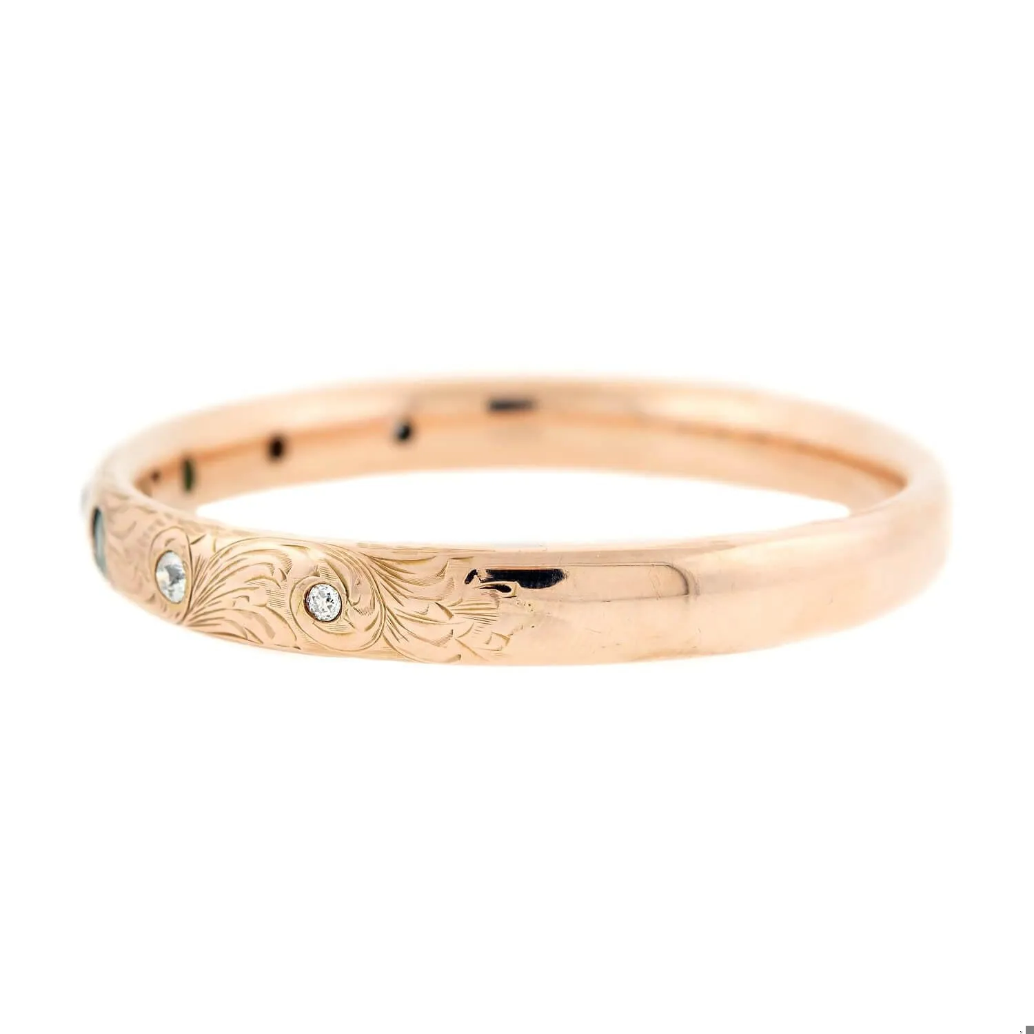 Late Victorian 14k Diamond and Emerald Etched Bangle