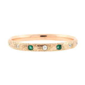 Late Victorian 14k Diamond and Emerald Etched Bangle
