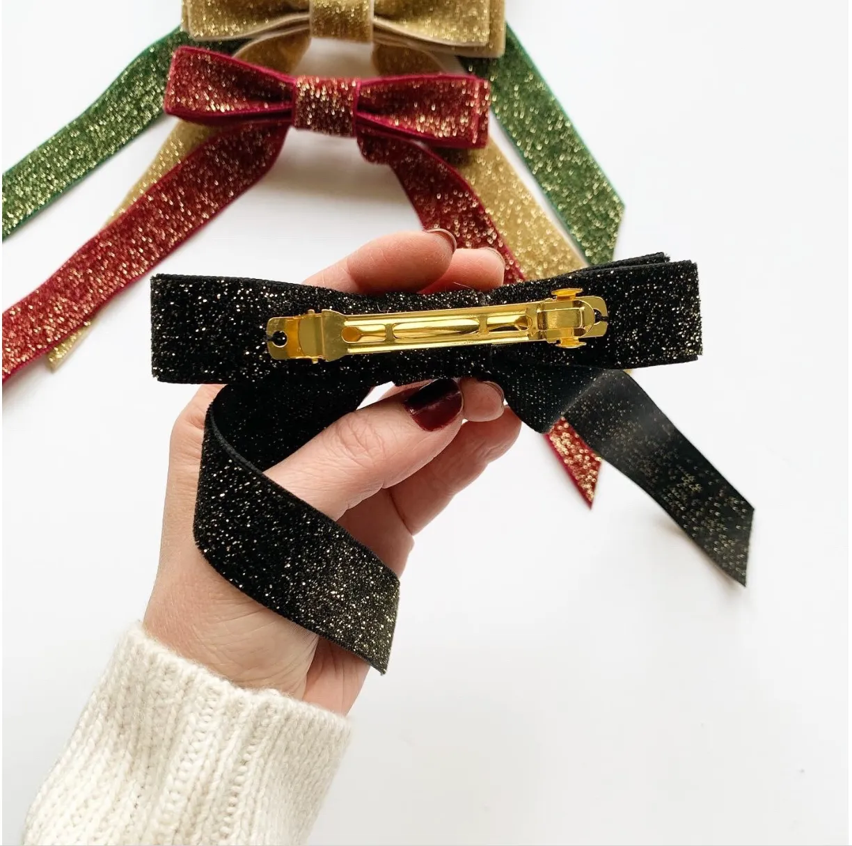 Lurex Metallic Velvet Bow | Tinsel Series | Sparkle Hair Bow | Bow Clip, Barrette, Hair Tie | Multiple Colors