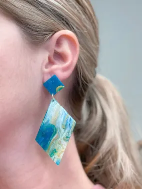 Marbled Angular Geometric Dangle Earrings - Blue