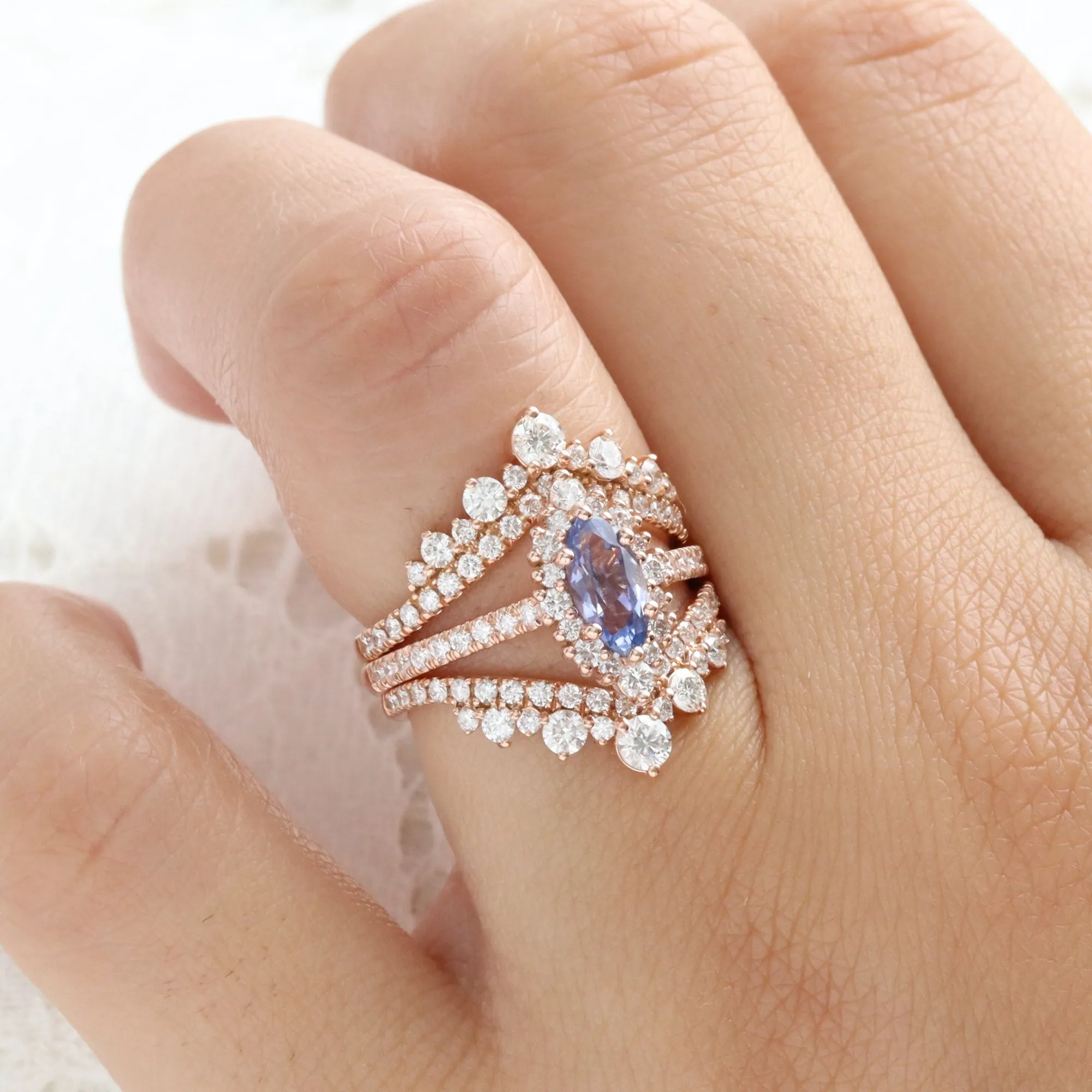Marquise Lavender Sapphire Ring in 14k Rose Gold Tiara Halo Diamond Size 6.75