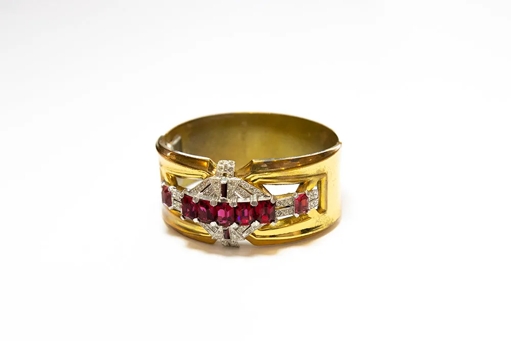 McCLELLAND BARCLAY Art Deco Gold Plated with Red Stones Hinged Cuff Bracelet