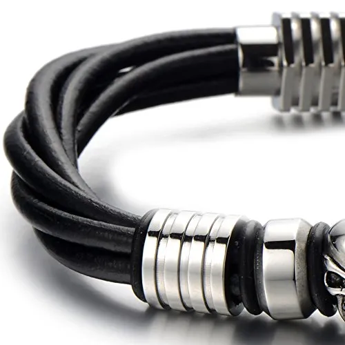 Mens Skull Black Leather Bracelet Genuine Leather Wristband Bangle with Stainless Steel Magnetic Clasp