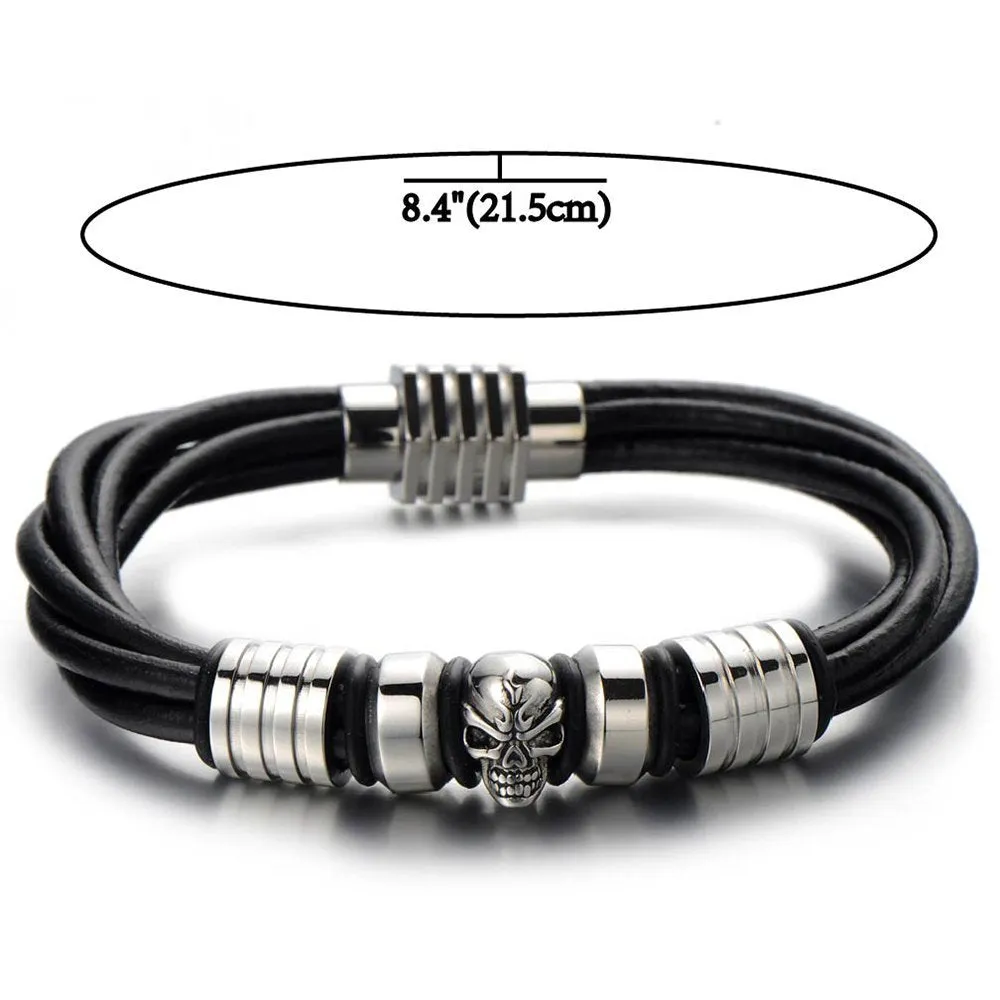 Mens Skull Black Leather Bracelet Genuine Leather Wristband Bangle with Stainless Steel Magnetic Clasp