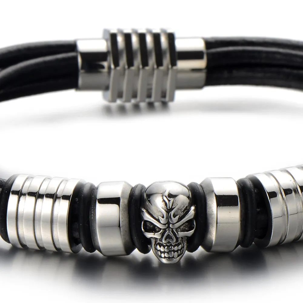 Mens Skull Black Leather Bracelet Genuine Leather Wristband Bangle with Stainless Steel Magnetic Clasp