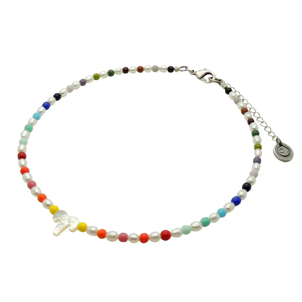 Mother of Pearl Shell Zodiac Symbol Freshwater Pearl Rainbow Glass Bead Choker