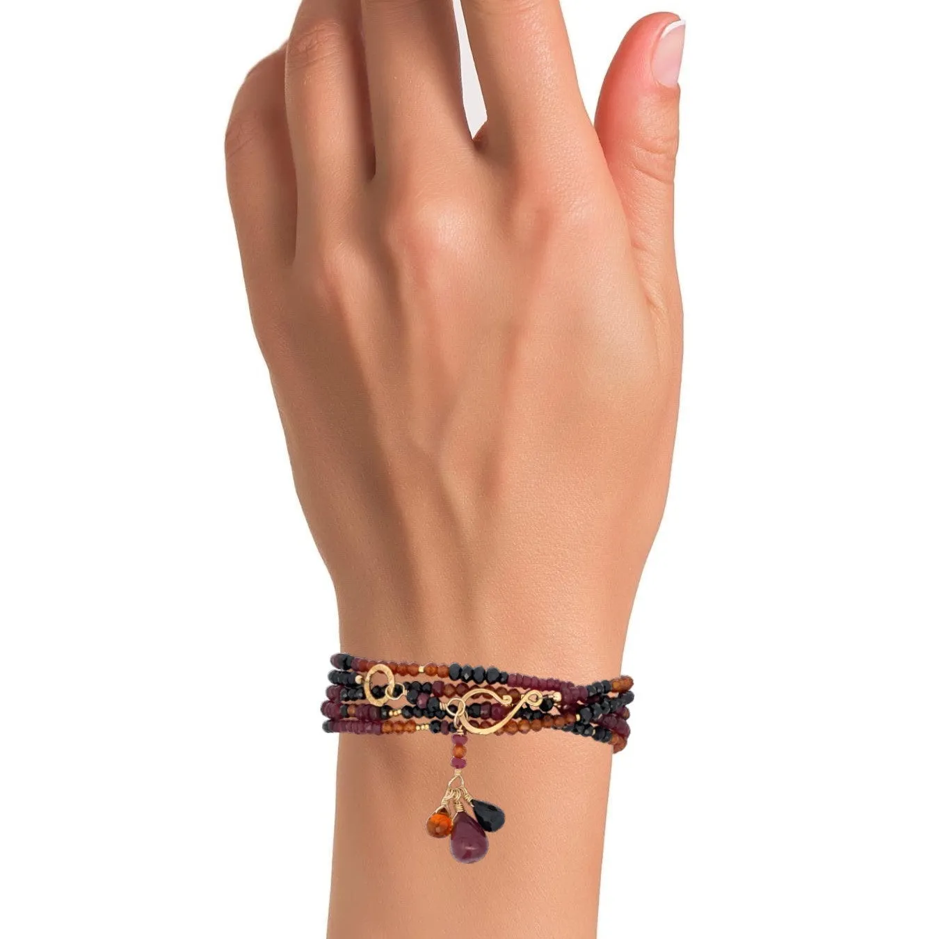 Multi Gemstone Gold Necklace/Wrapped Bracelet with Spinel, Hessonite, Ruby - Long