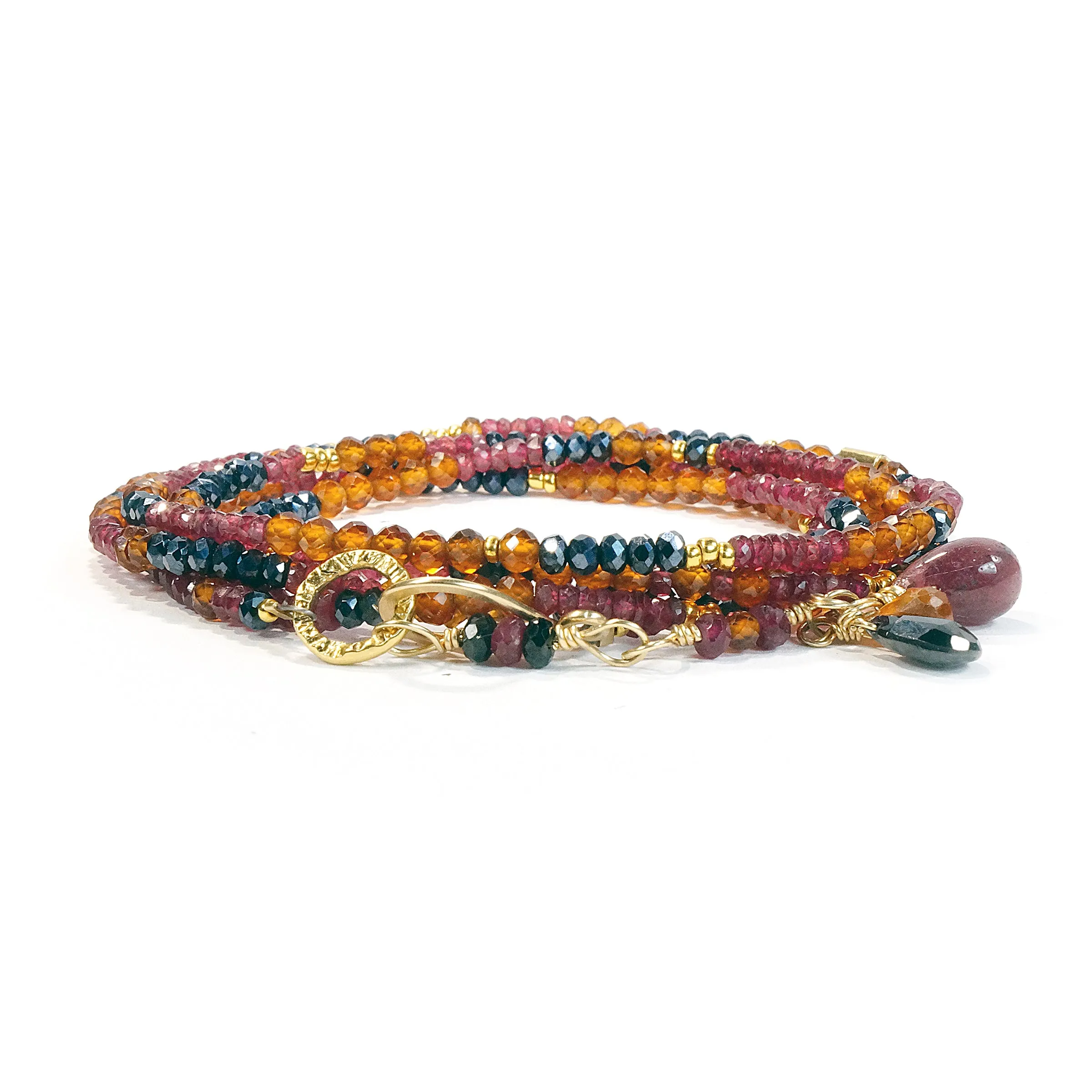Multi Gemstone Gold Necklace/Wrapped Bracelet with Spinel, Hessonite, Ruby - Long