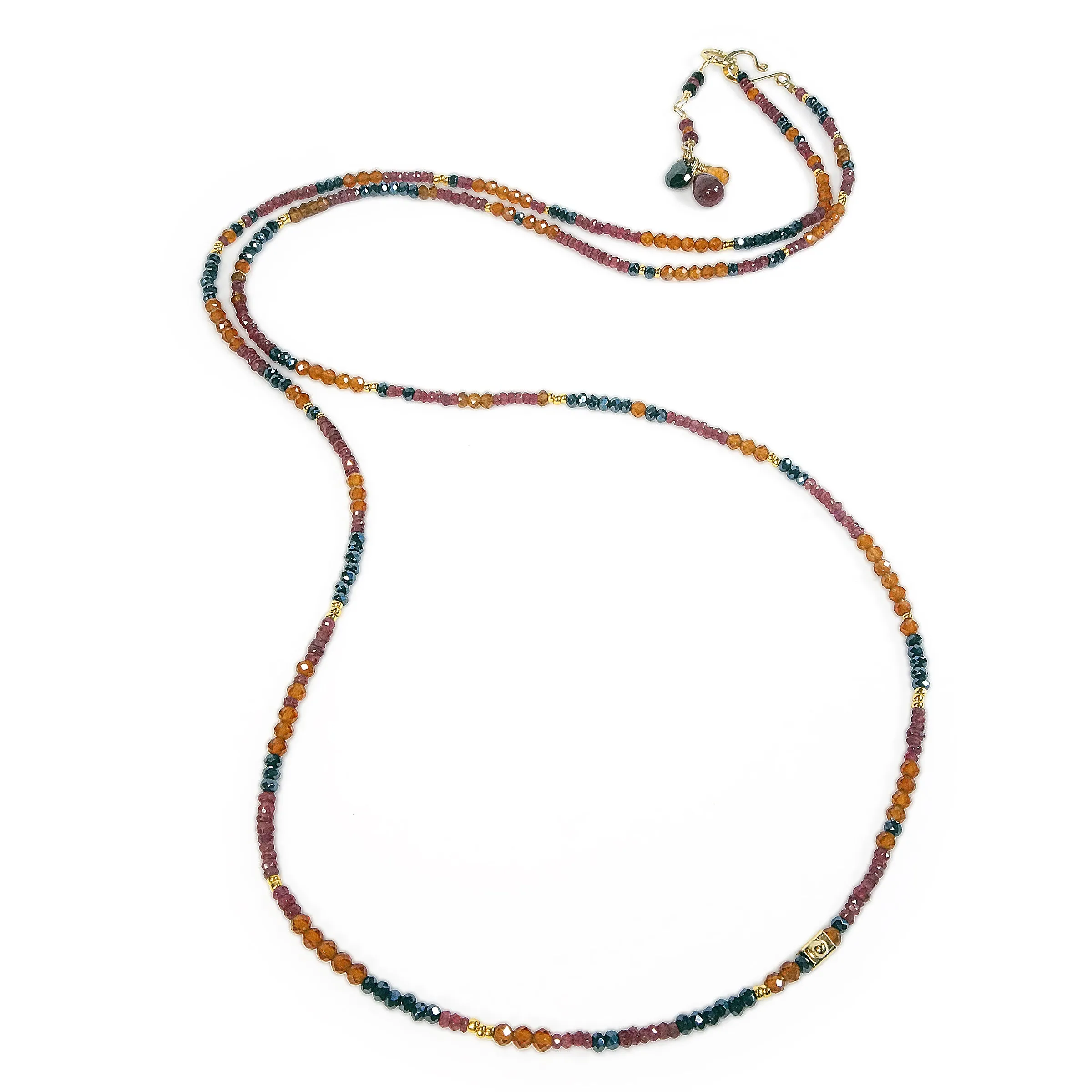 Multi Gemstone Gold Necklace/Wrapped Bracelet with Spinel, Hessonite, Ruby - Long