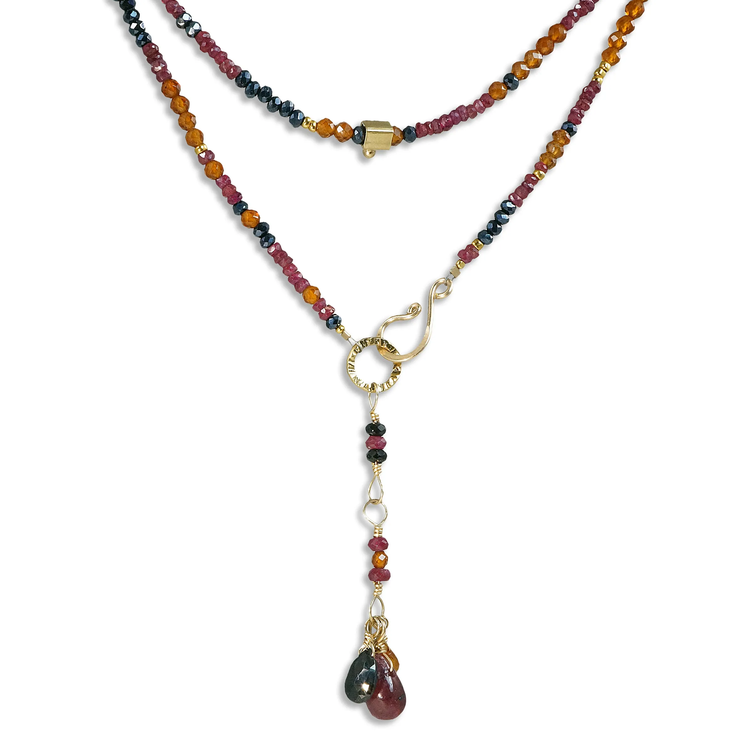 Multi Gemstone Gold Necklace/Wrapped Bracelet with Spinel, Hessonite, Ruby - Long