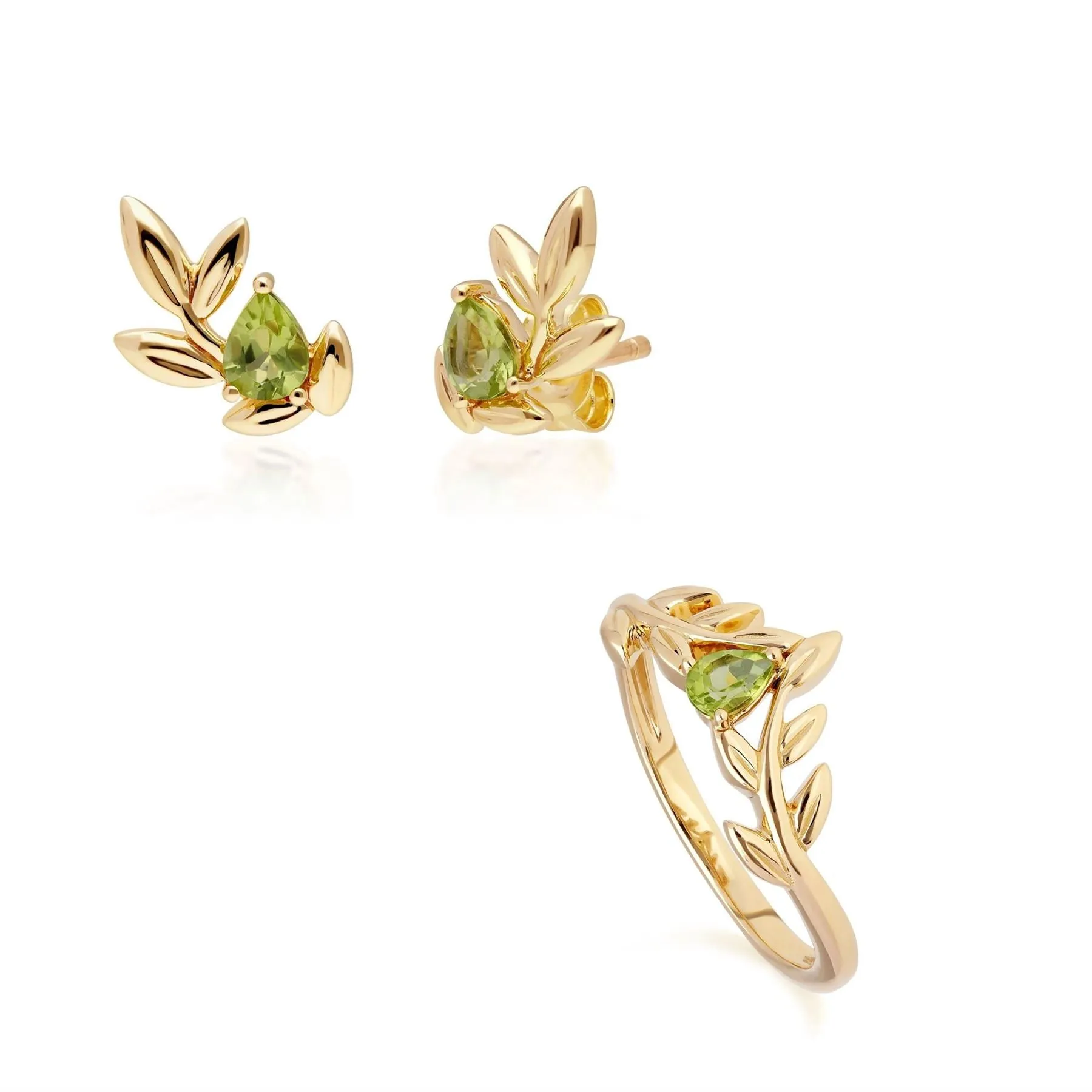 O Leaf Peridot Ohrstecker & Ring Satz in 9ct Gelb Gold