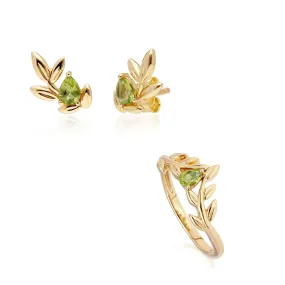 O Leaf Peridot Ohrstecker & Ring Satz in 9ct Gelb Gold