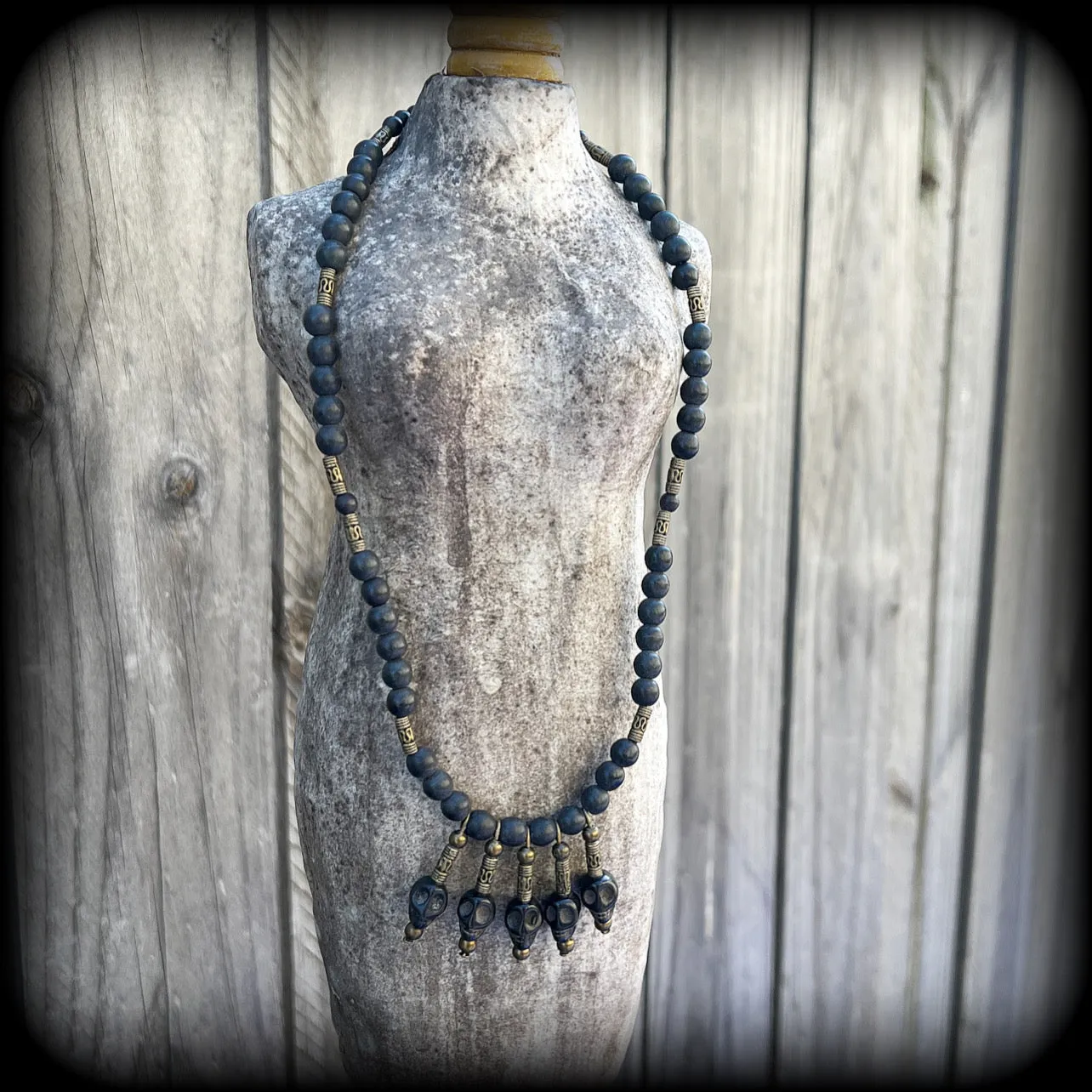 Ogoun necklace-Black stone skull tribal necklace