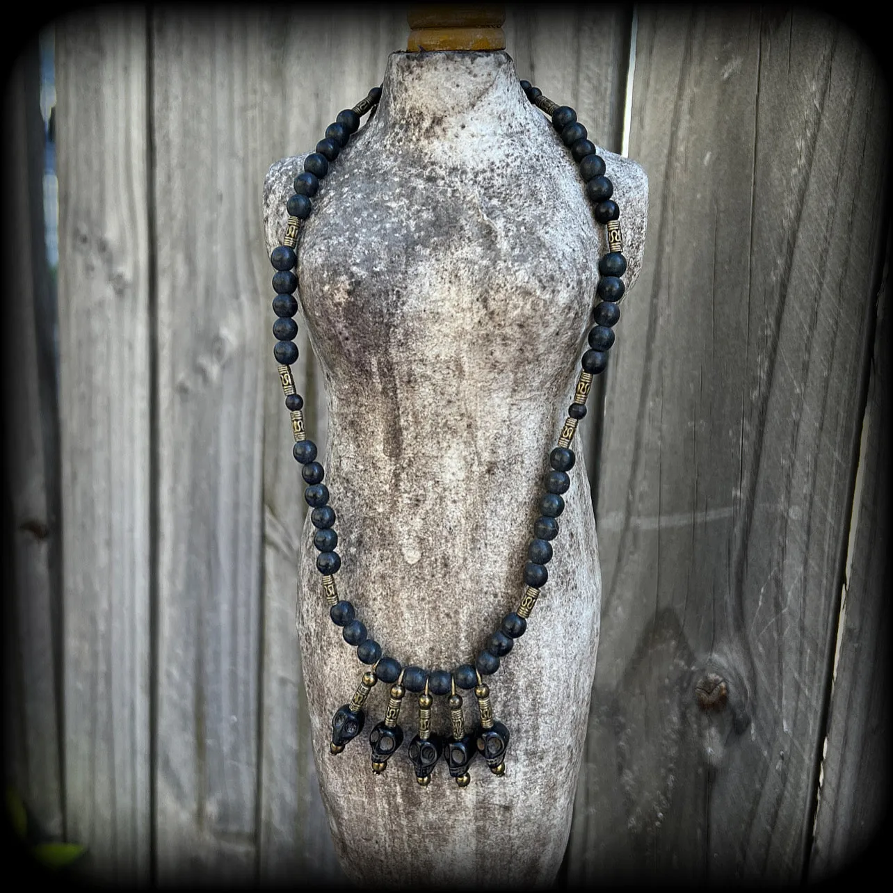 Ogoun necklace-Black stone skull tribal necklace