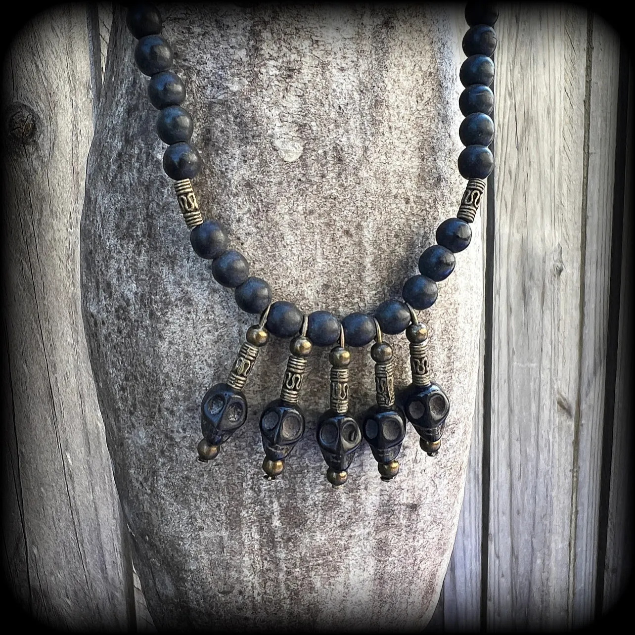 Ogoun necklace-Black stone skull tribal necklace
