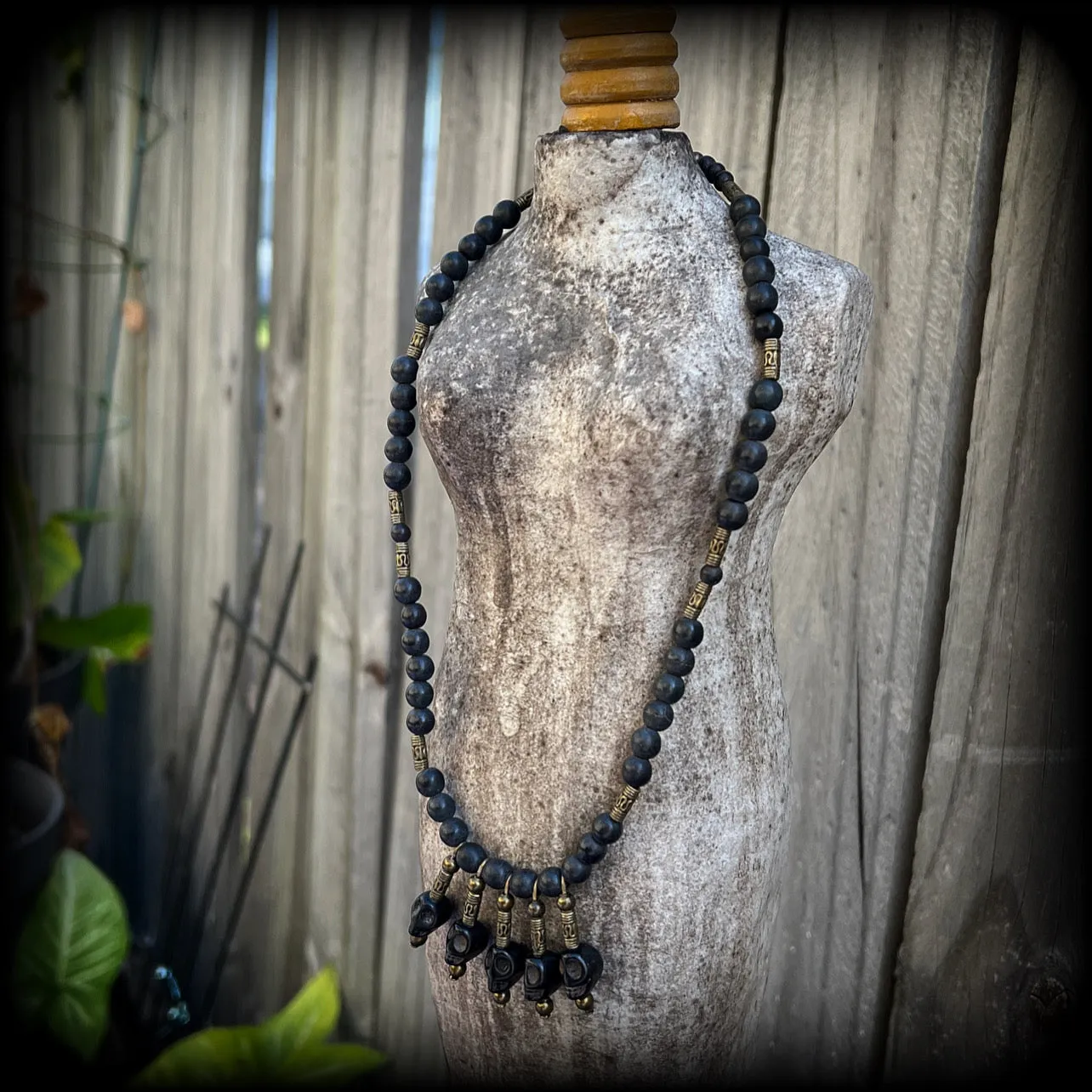 Ogoun necklace-Black stone skull tribal necklace