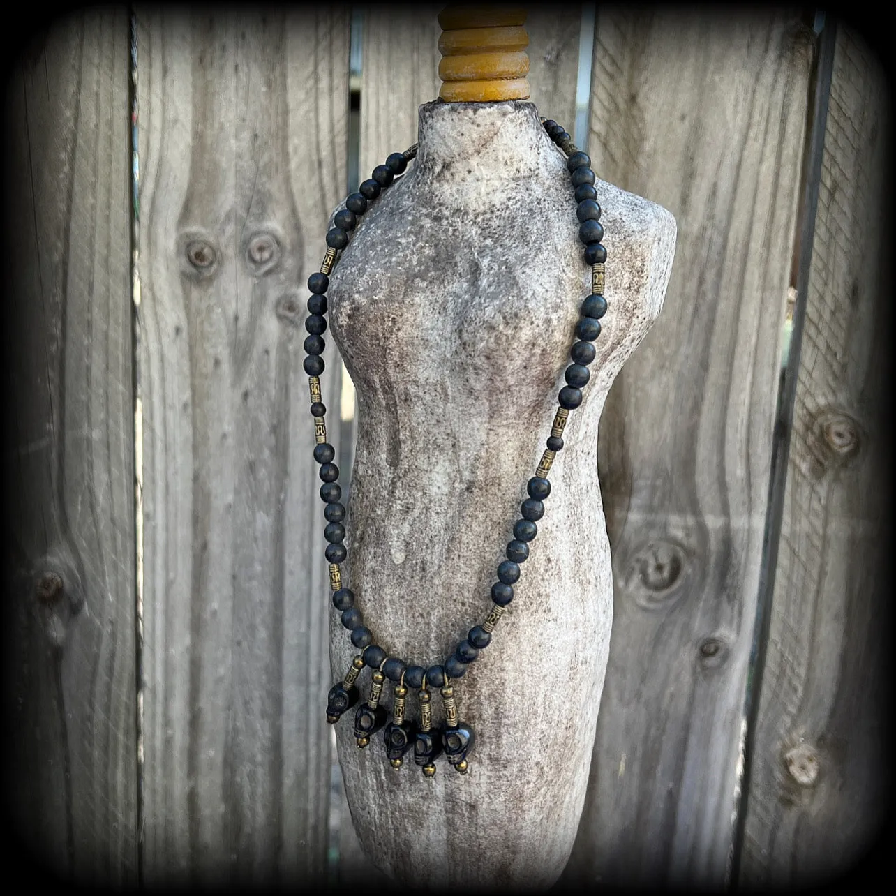 Ogoun necklace-Black stone skull tribal necklace