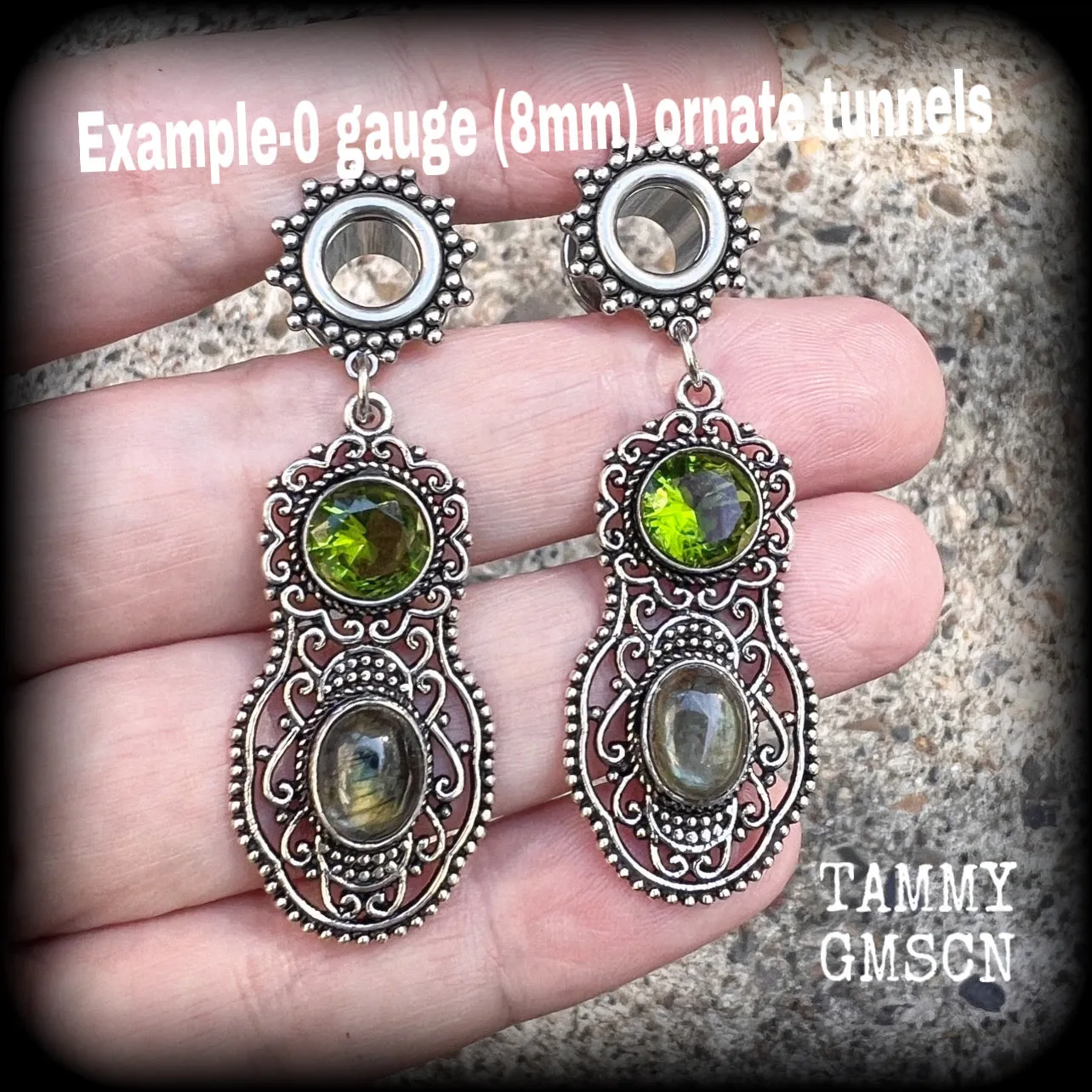 Ornate Peridot and labradorite tunnel dangles-Gemstone tunnel earrings