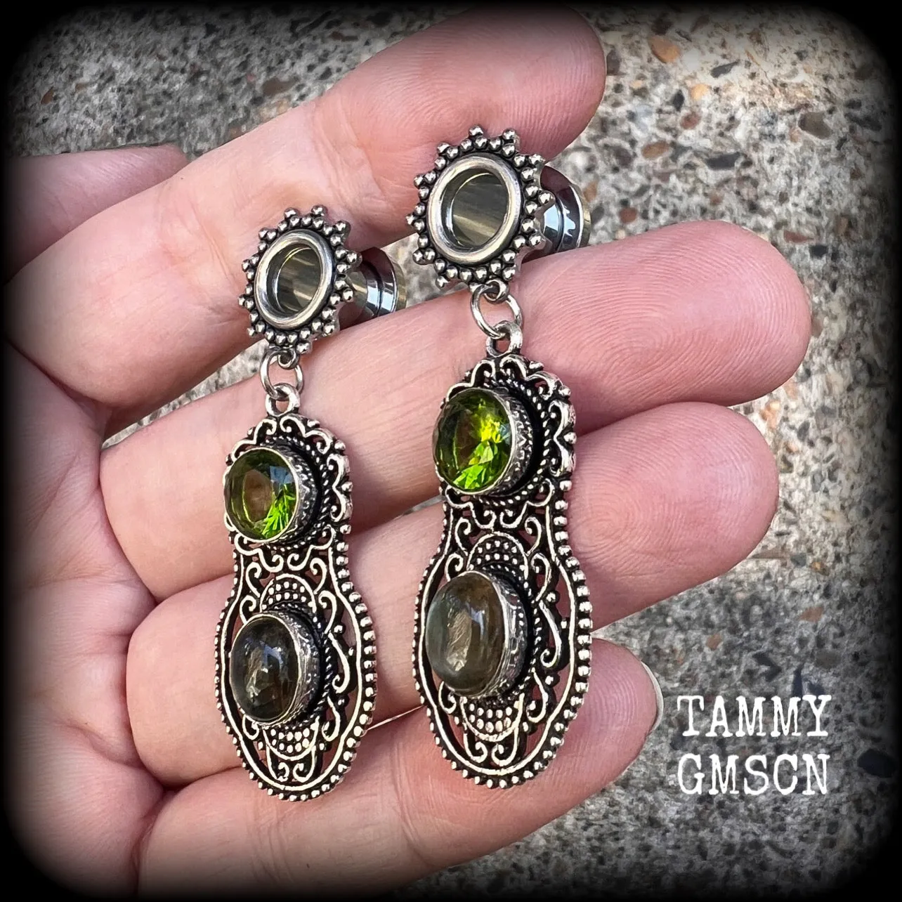 Ornate Peridot and labradorite tunnel dangles-Gemstone tunnel earrings