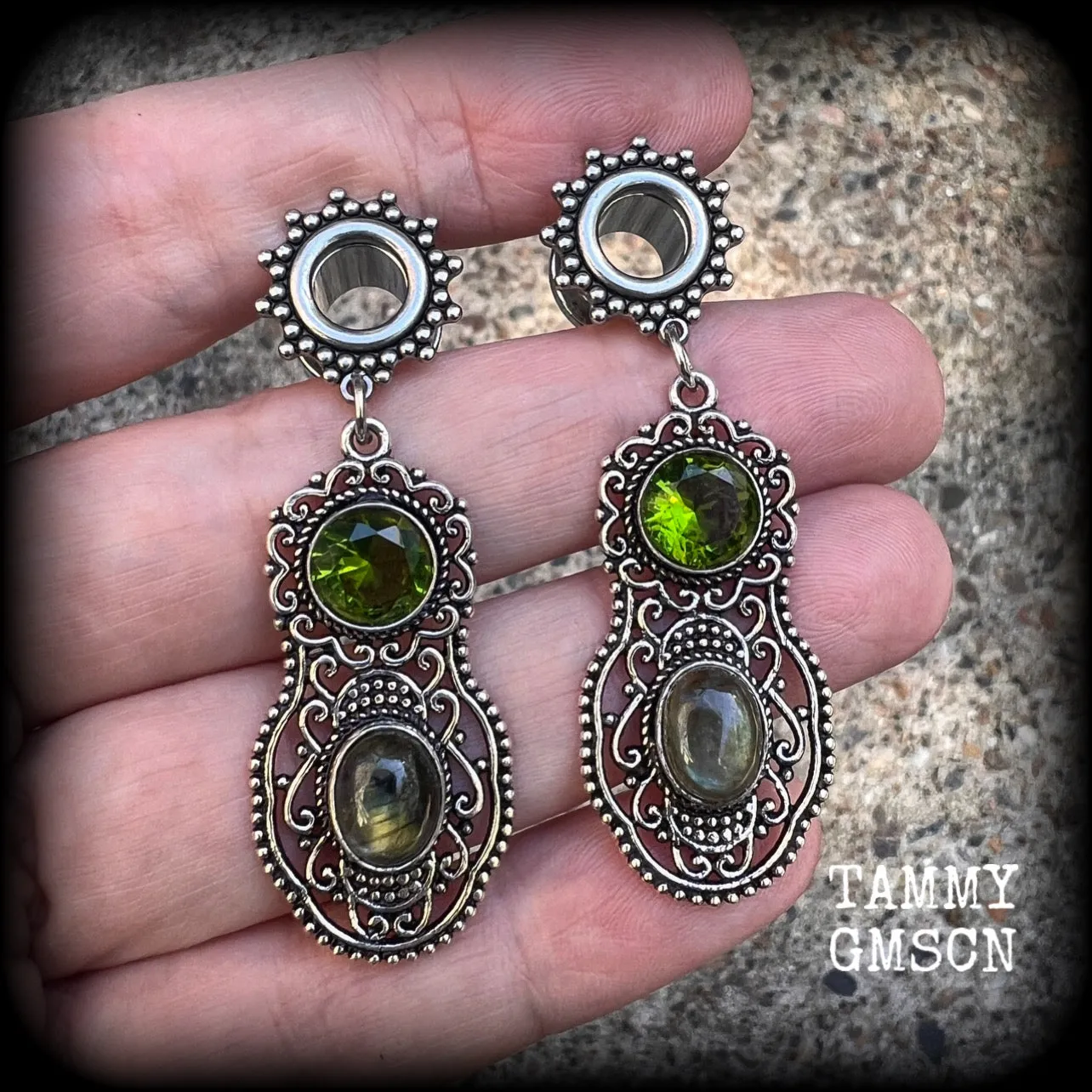 Ornate Peridot and labradorite tunnel dangles-Gemstone tunnel earrings