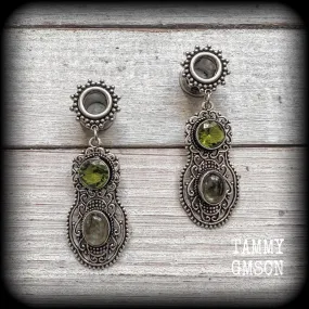 Ornate Peridot and labradorite tunnel dangles-Gemstone tunnel earrings