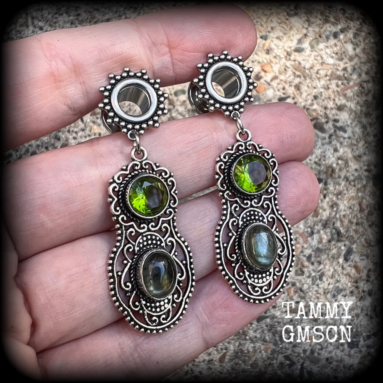 Ornate Peridot and labradorite tunnel dangles-Gemstone tunnel earrings