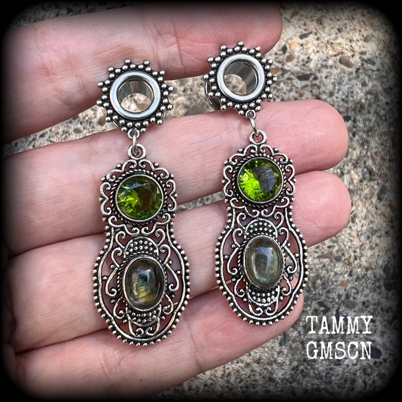 Ornate Peridot and labradorite tunnel dangles-Gemstone tunnel earrings