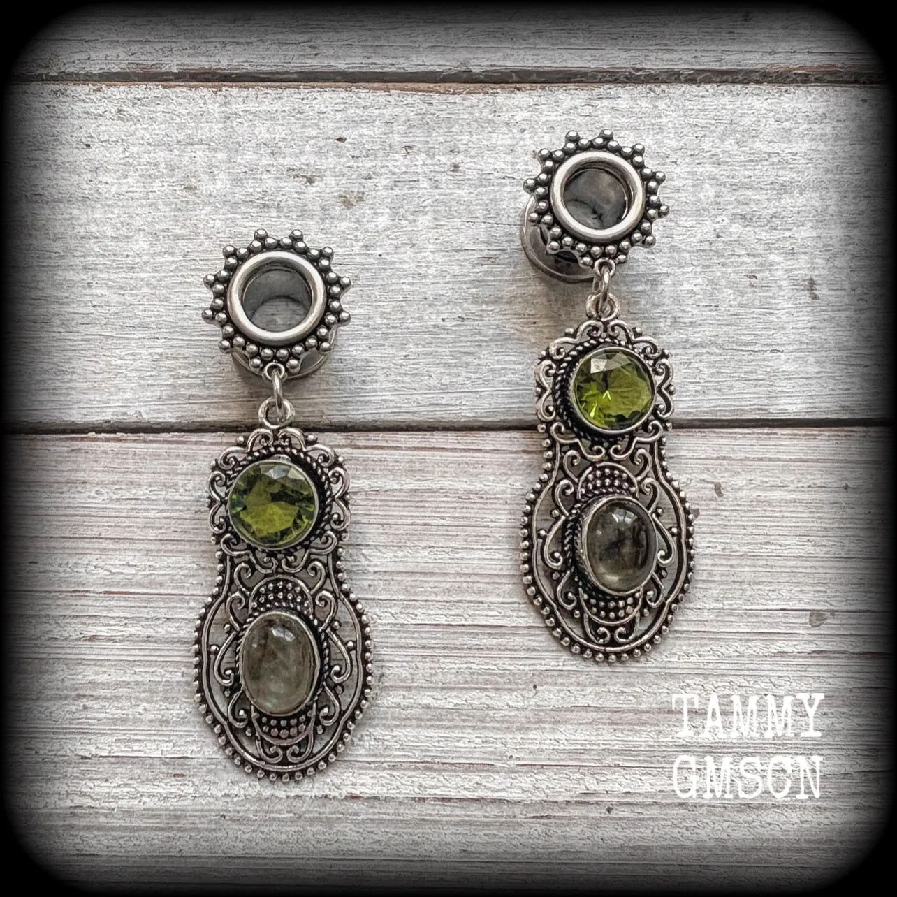 Ornate Peridot and labradorite tunnel dangles-Gemstone tunnel earrings