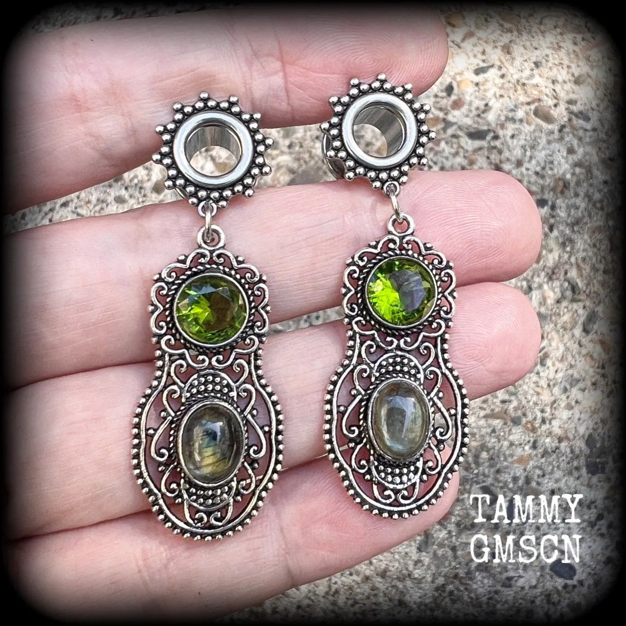 Ornate Peridot and labradorite tunnel dangles-Gemstone tunnel earrings