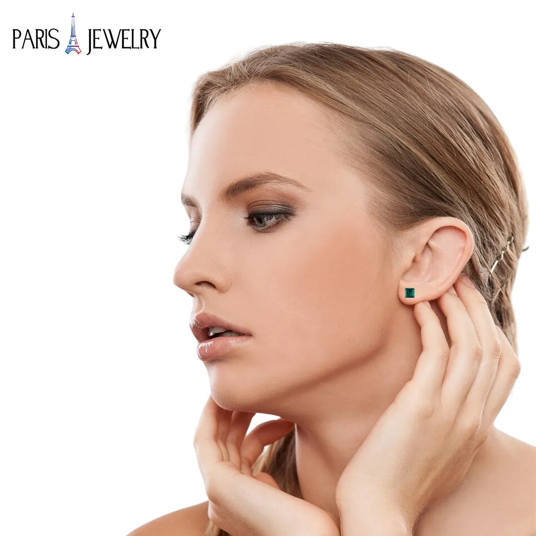 Paris Jewelry 18k White Gold Created Emerald 3 Pair Round, Square And Heart Stud Earrings Plated 4mm