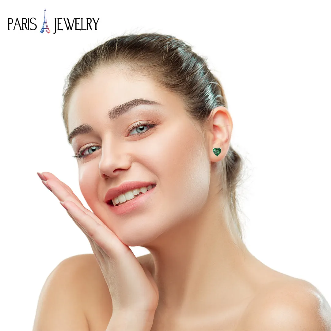 Paris Jewelry 18k White Gold Created Emerald 3 Pair Round, Square And Heart Stud Earrings Plated 4mm