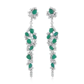 Pear Cut Emerald Natural Princess Cut Diamond Handmade Drop Earrings 18K White Gold