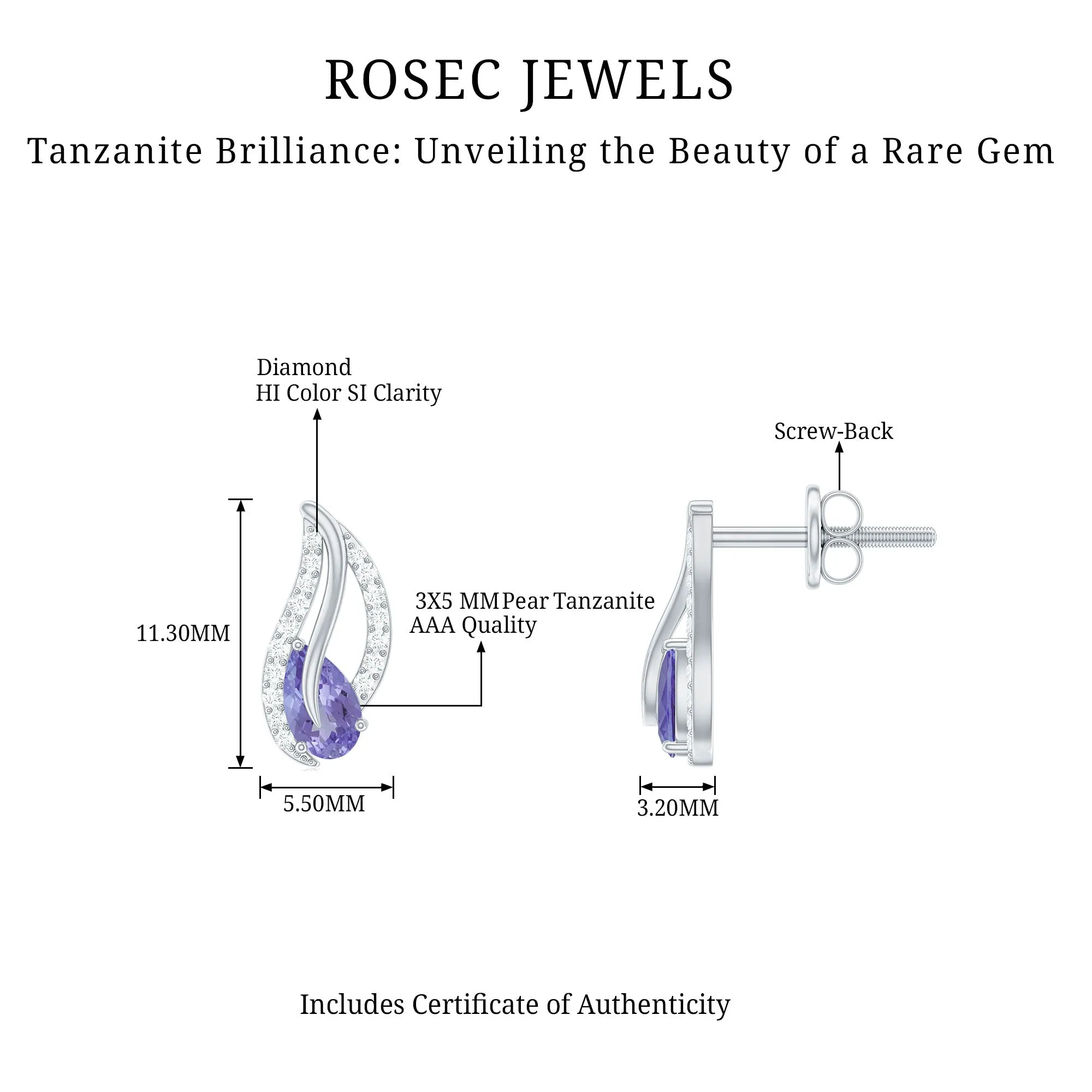 Pear Shape Tanzanite and Diamond Leaf Stud Earrings
