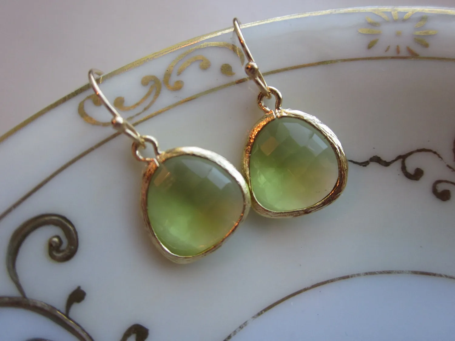 Peridot Earrings Apple Green - 16k Gold Plated Glass Earrings - Bridesmaid Earrings - Wedding Earrings - Valentines Day Gift