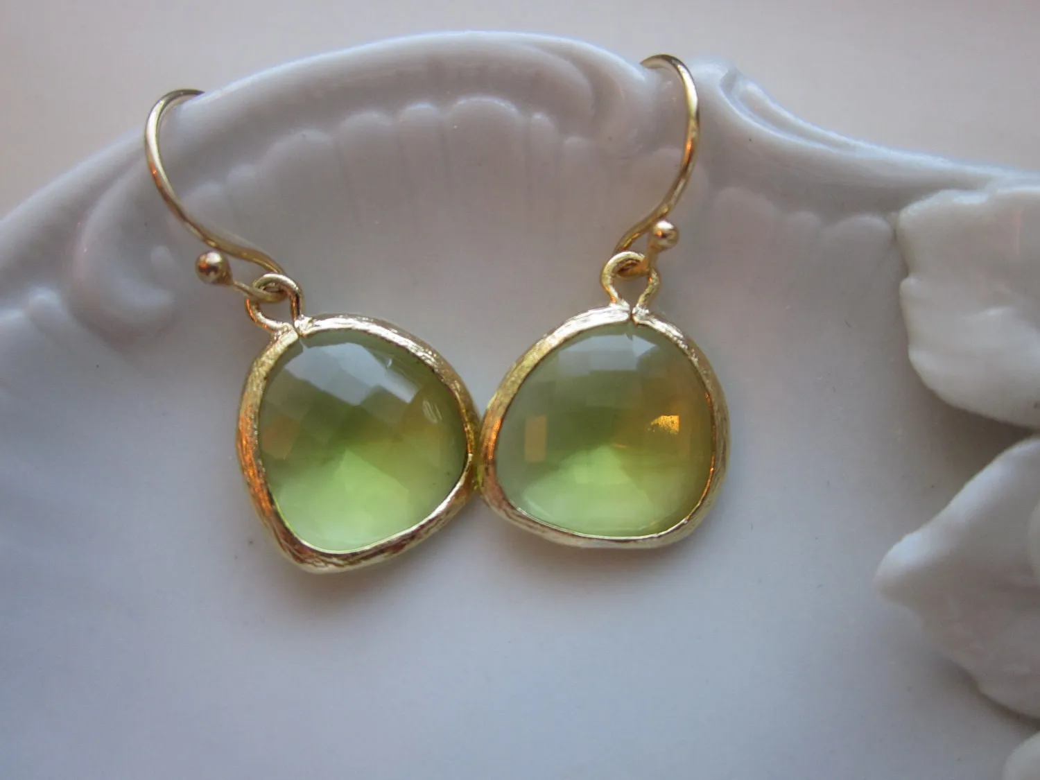 Peridot Earrings Apple Green - 16k Gold Plated Glass Earrings - Bridesmaid Earrings - Wedding Earrings - Valentines Day Gift