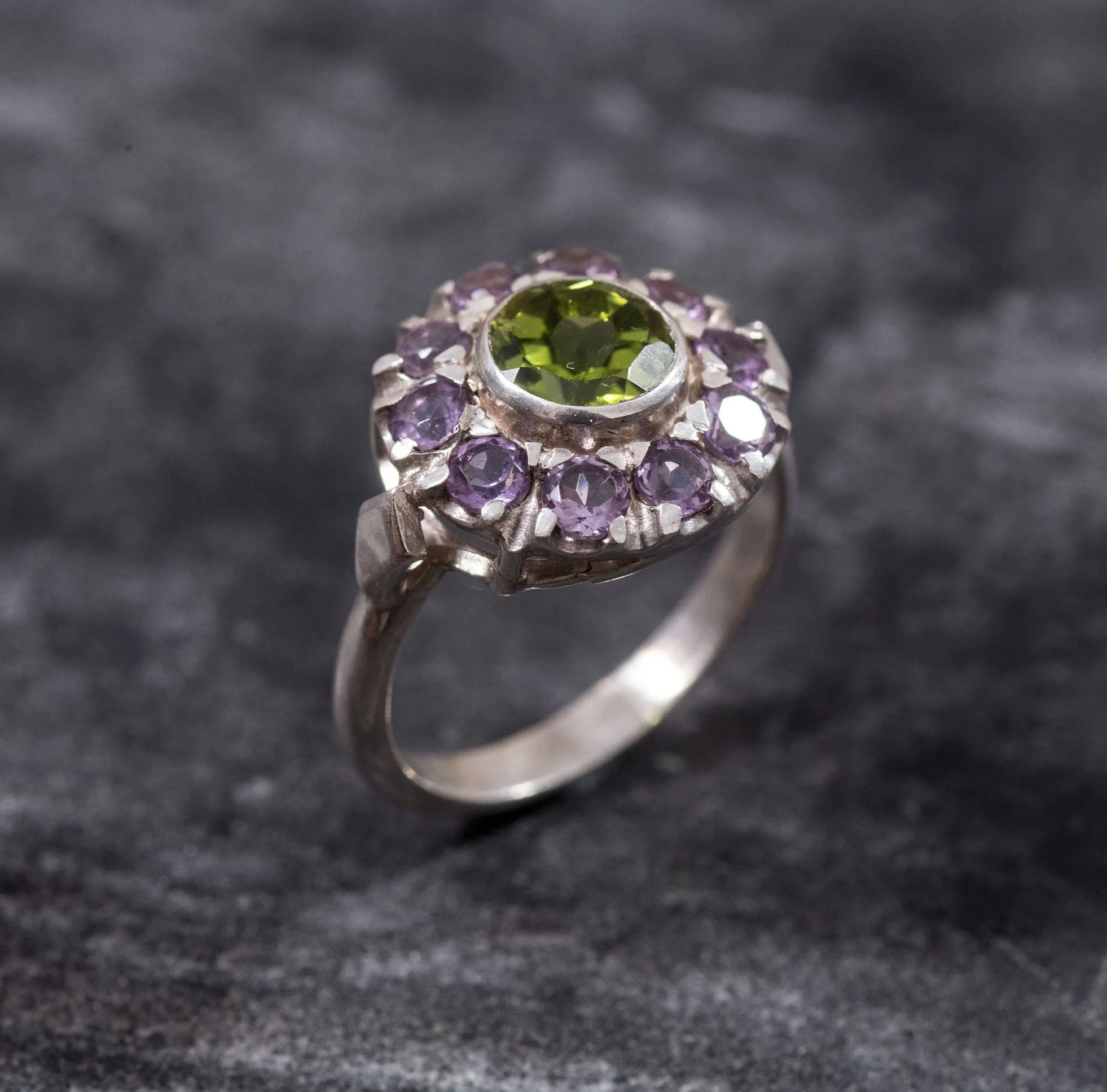 Peridot Ring - Purple Victorian Ring - Peridot Flower Ring