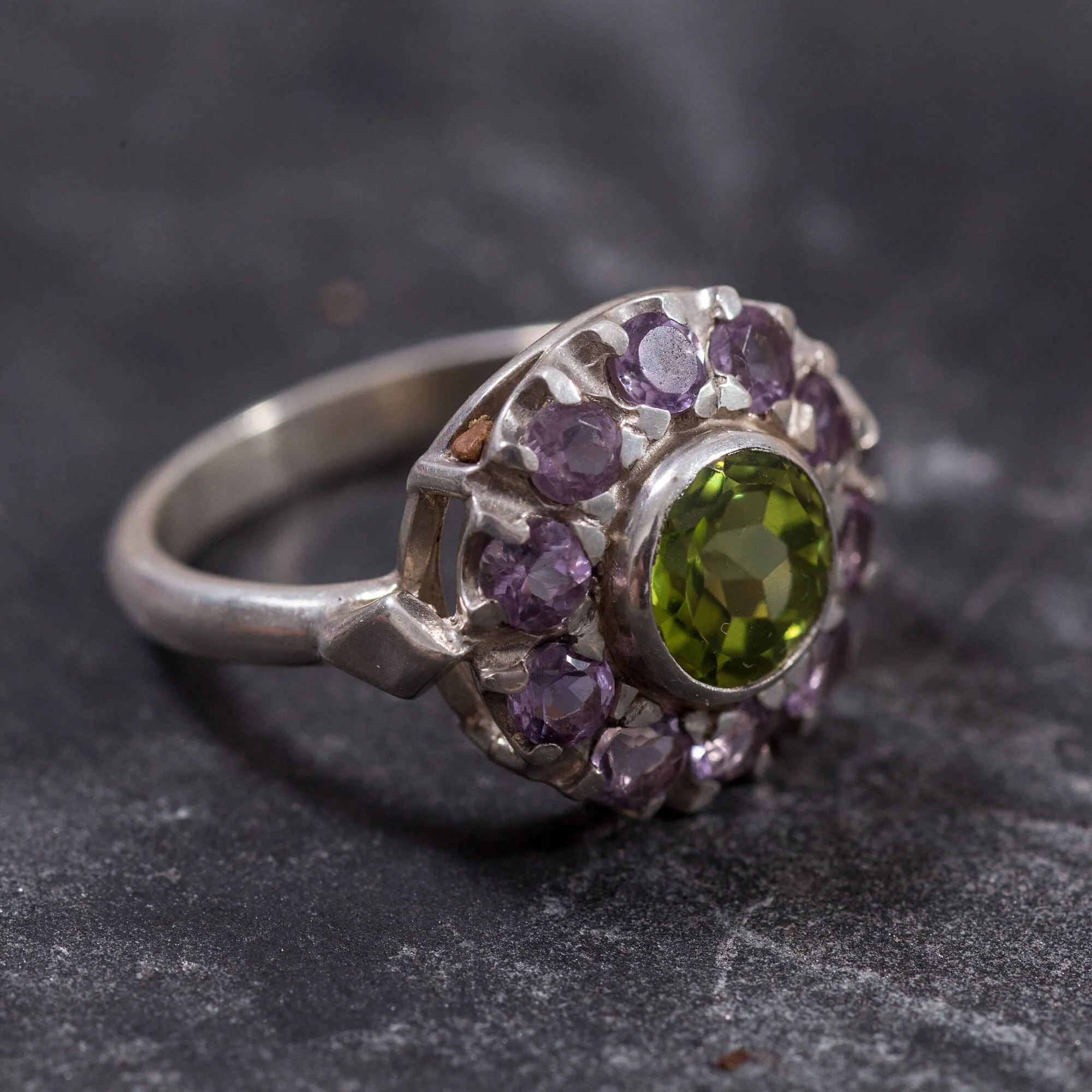 Peridot Ring - Purple Victorian Ring - Peridot Flower Ring