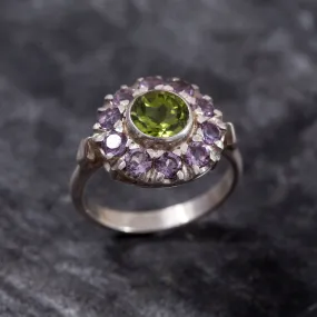Peridot Ring - Purple Victorian Ring - Peridot Flower Ring