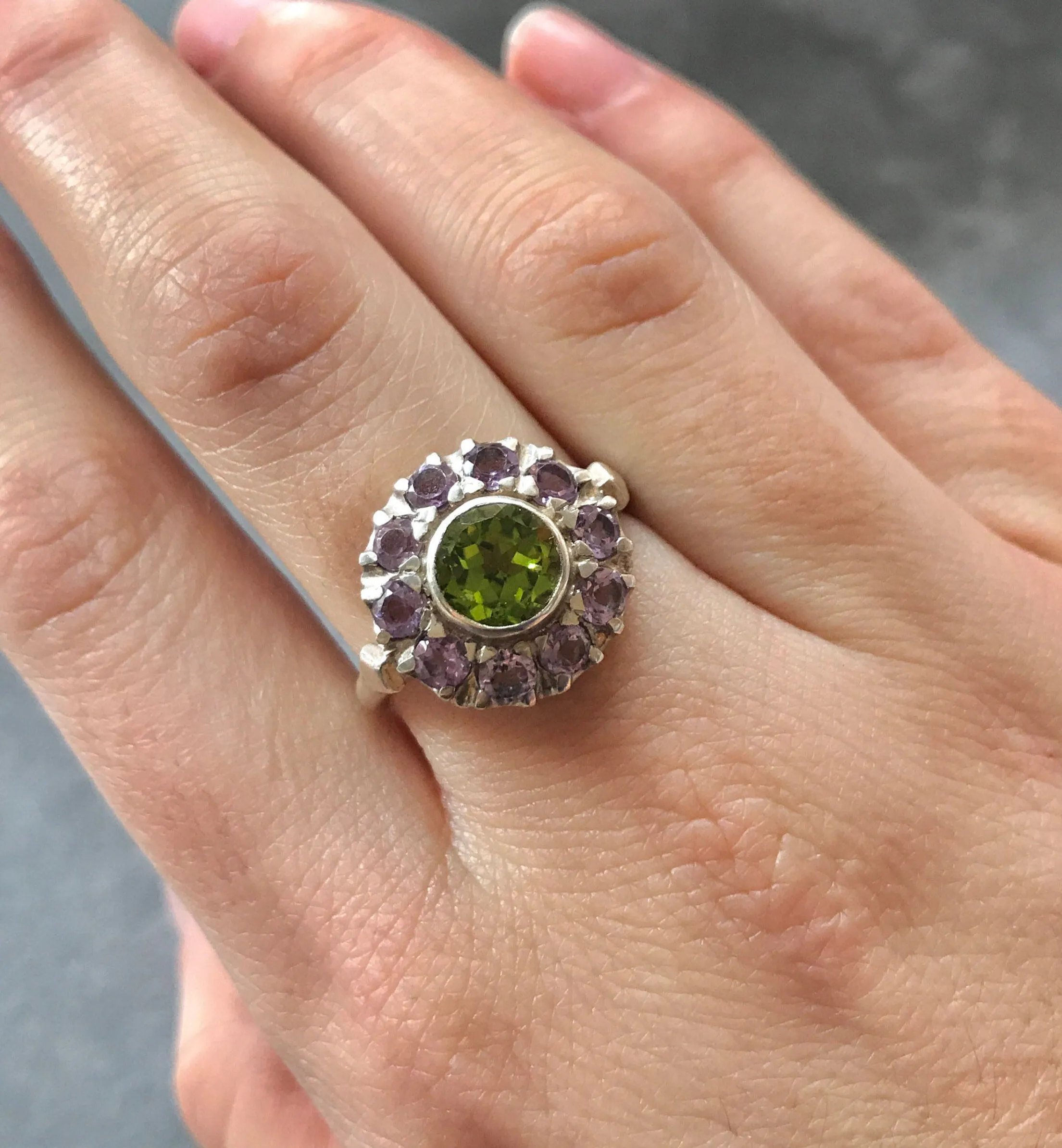 Peridot Ring - Purple Victorian Ring - Peridot Flower Ring