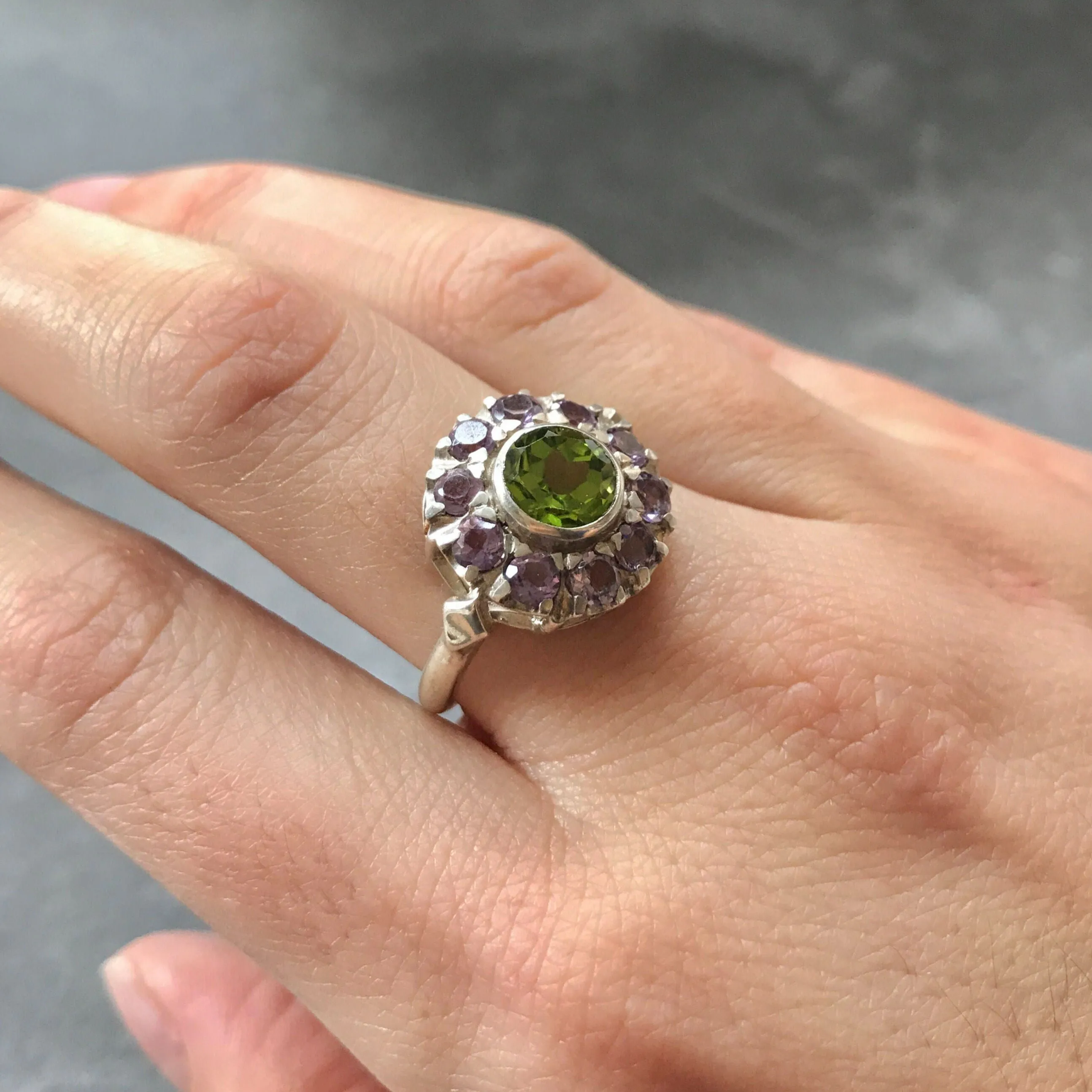 Peridot Ring - Purple Victorian Ring - Peridot Flower Ring