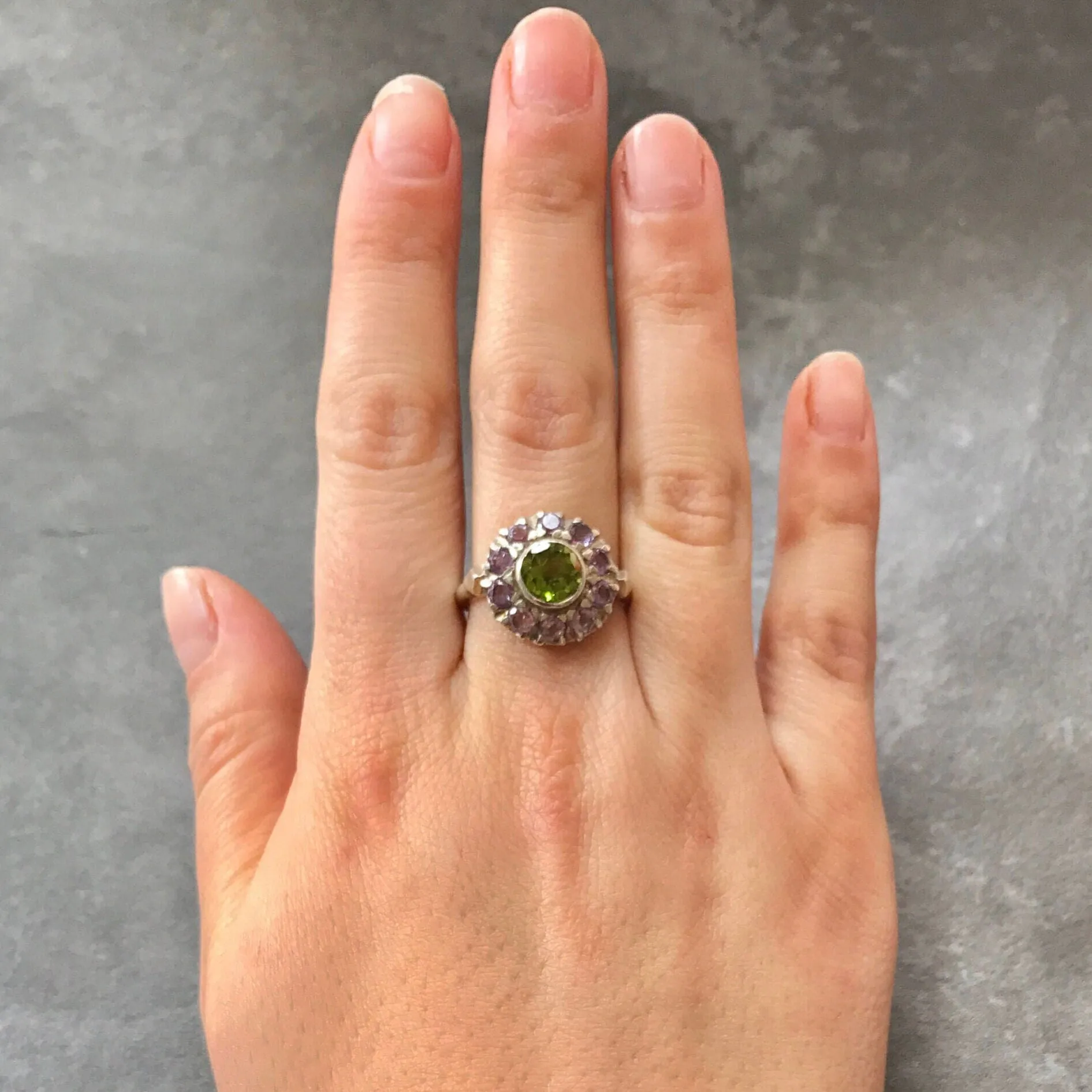 Peridot Ring - Purple Victorian Ring - Peridot Flower Ring
